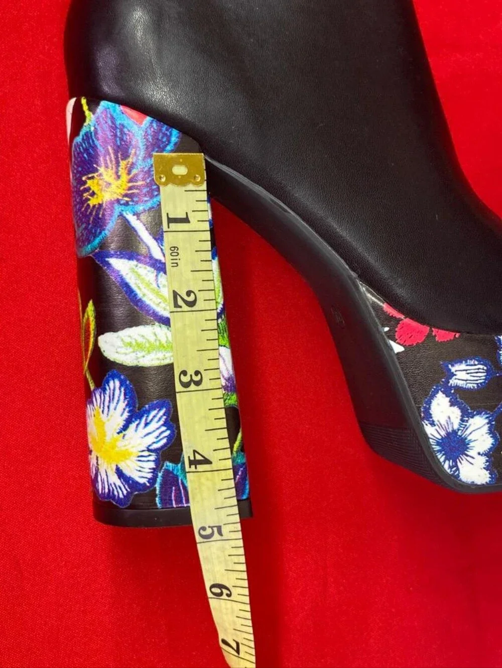 Floral Embroidered Platform Ankle Boots Black Chunky Block Heel Size 37Option